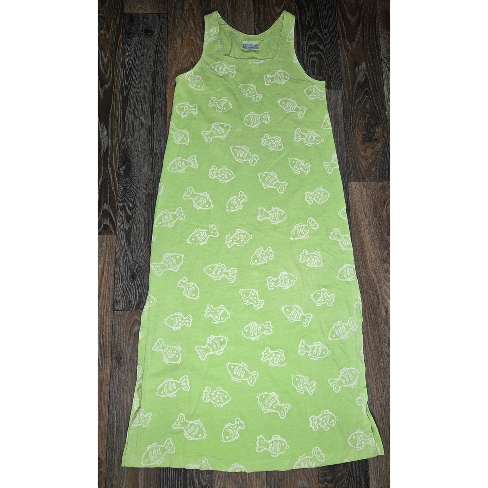 Fresh Produce Women Lime Green Fish Print Sleeveless Maxi Dress Side Slit Small